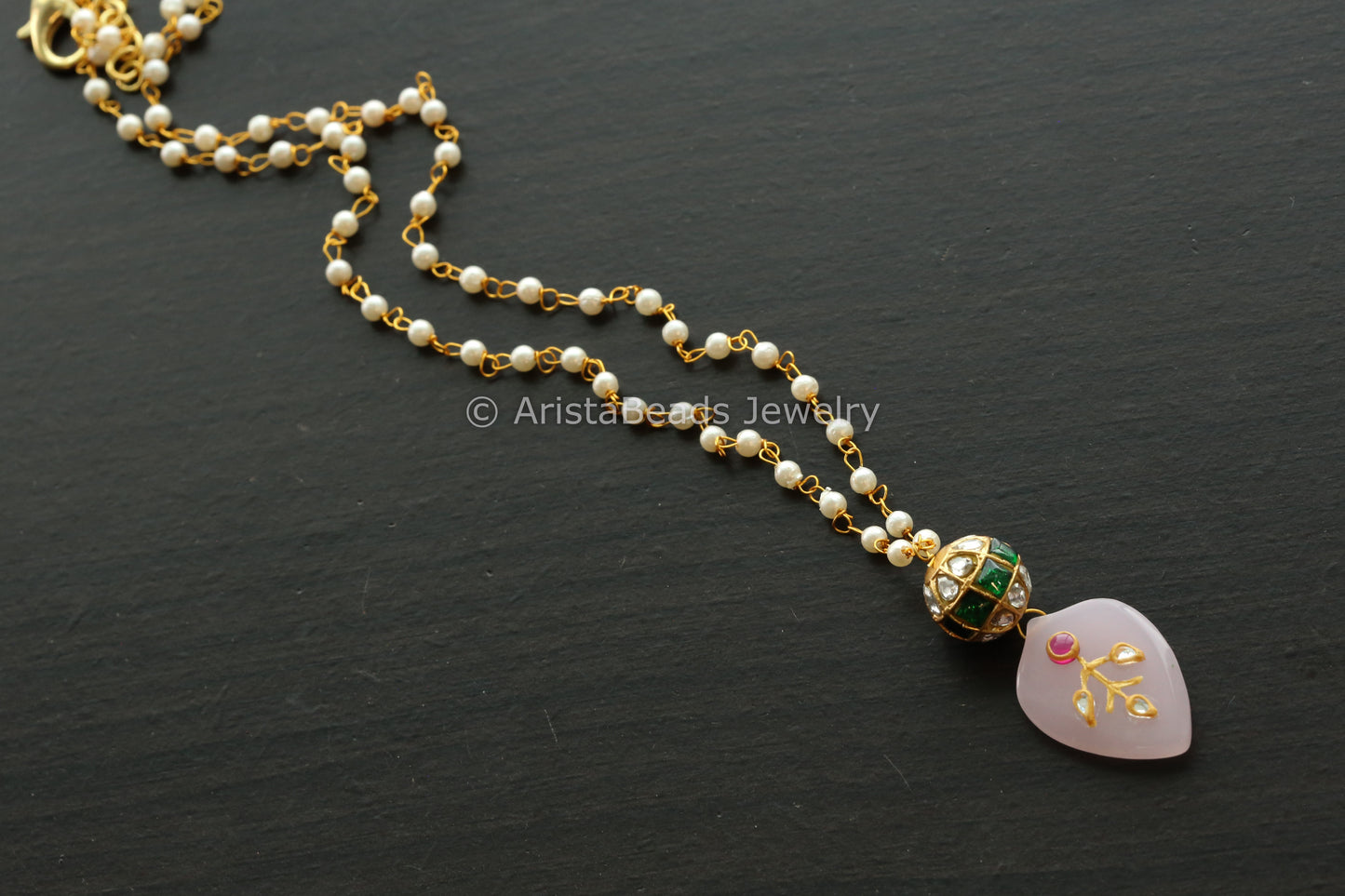 Jadau Ball Pearl Chain With Pink Jadau Stone Drop