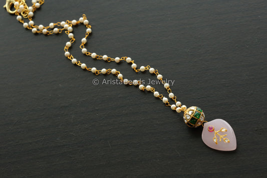Jadau Ball Pearl Chain With Pink Jadau Stone Drop