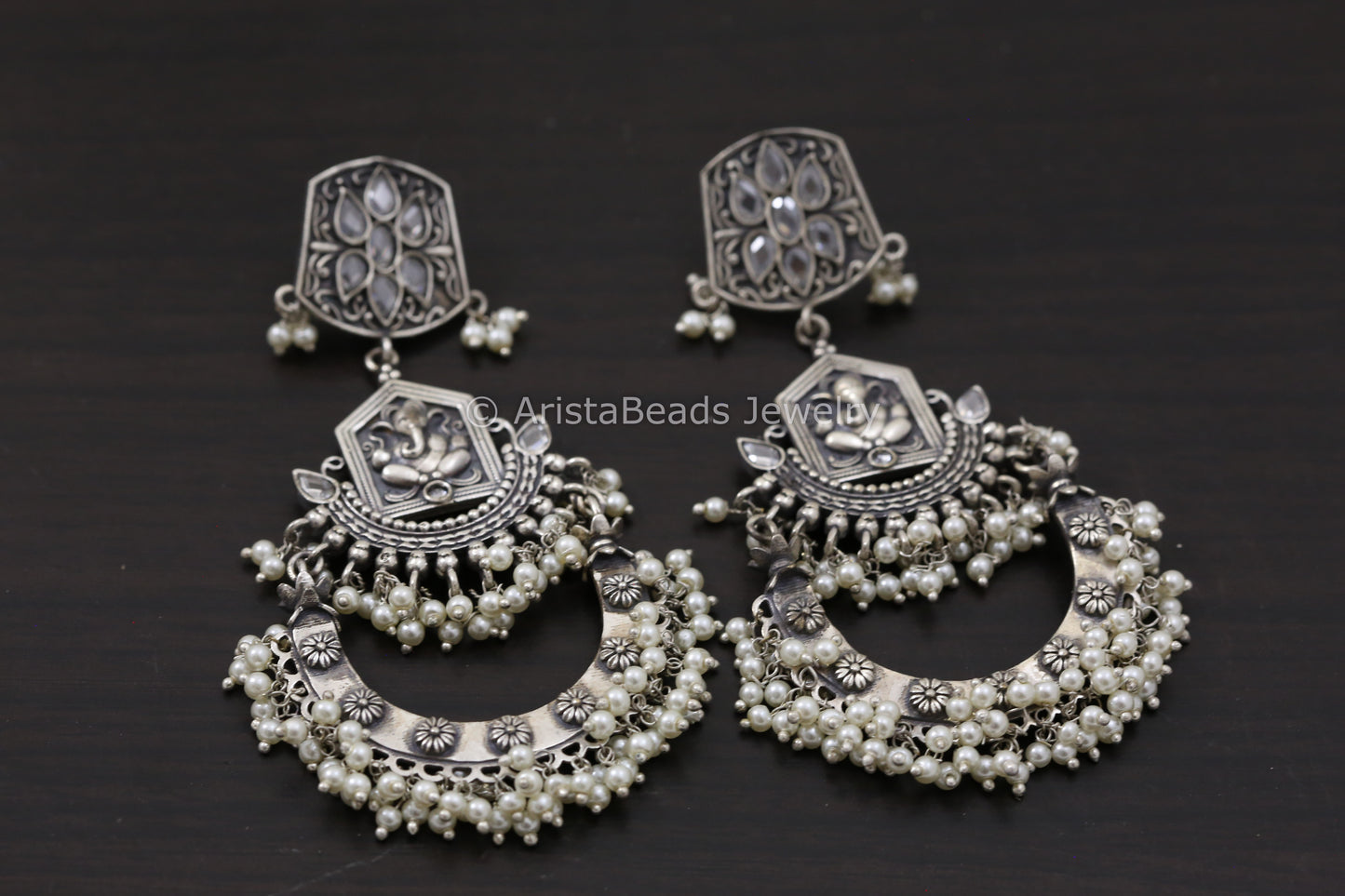 Long Silver Look Ganesha Earrings - Clear