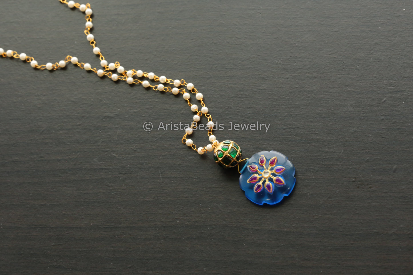 Jadau Ball Black Chain With Dark Blue Jadau Stone Drop