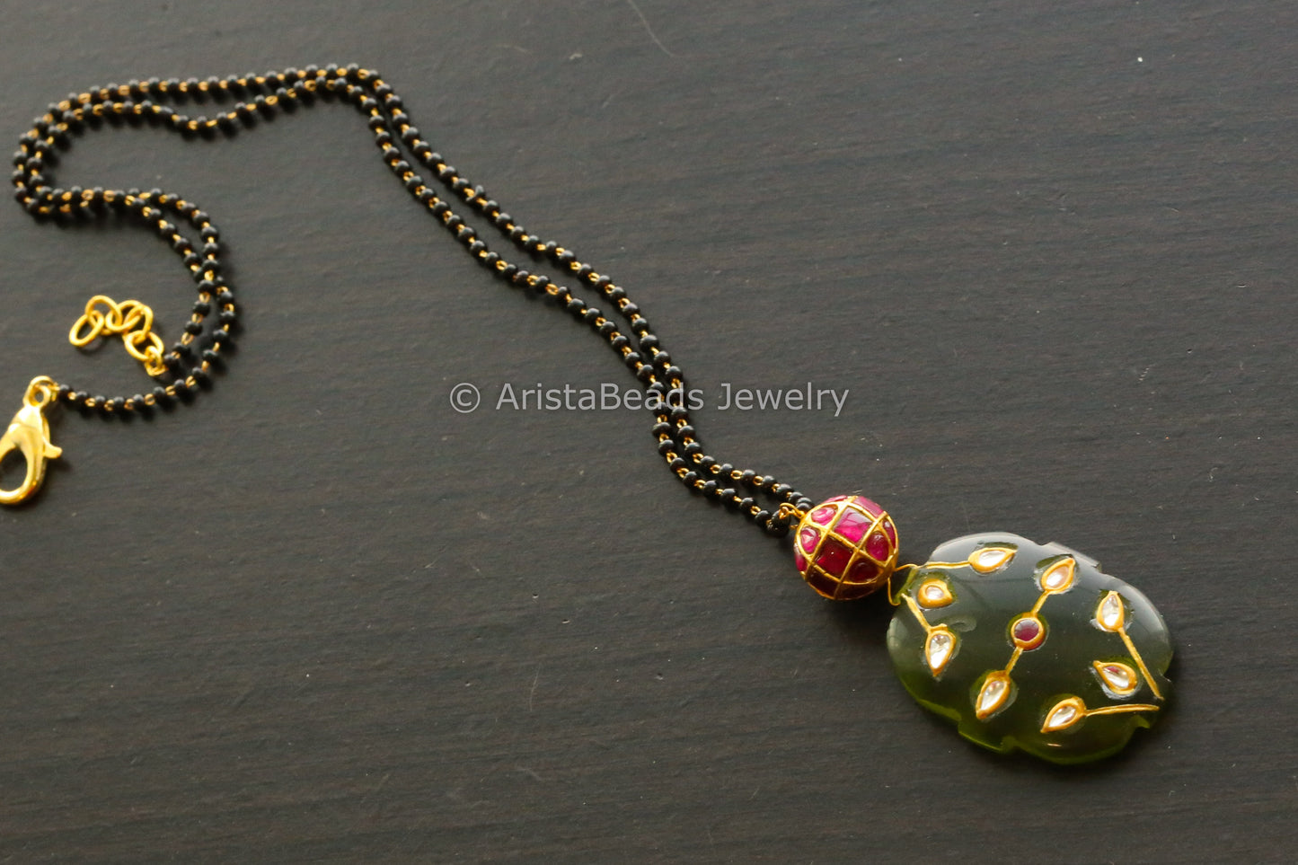 Jadau Ball Black Chain With Bottle Green Jadau Stone Drop