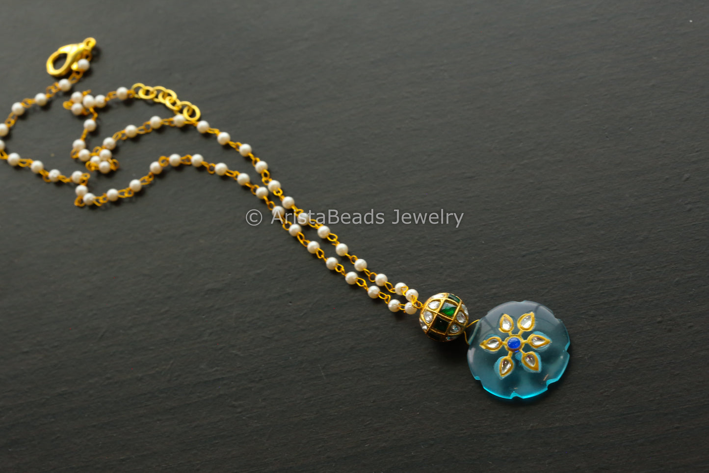 Jadau Ball Black Chain With Blue Jadau Stone Drop