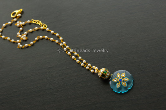 Jadau Ball Black Chain With Blue Jadau Stone Drop