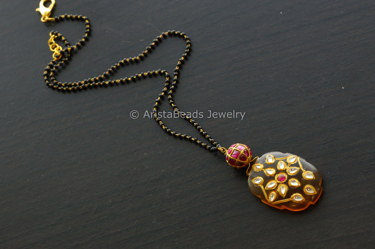 Jadau Ball Black Chain With Musturd Jadau Stone Drop