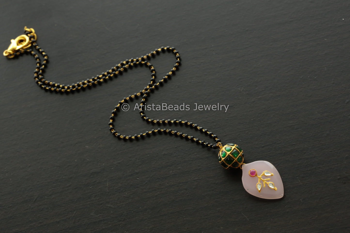 Jadau Ball Black Bead Chain With Pink Jadau Stone Drop