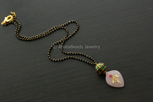 Jadau Ball Black Bead Chain With Pink Jadau Stone Drop