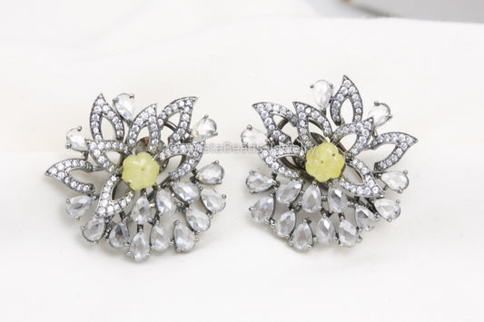 Large CZ Polki Victorian Studs - Yellow