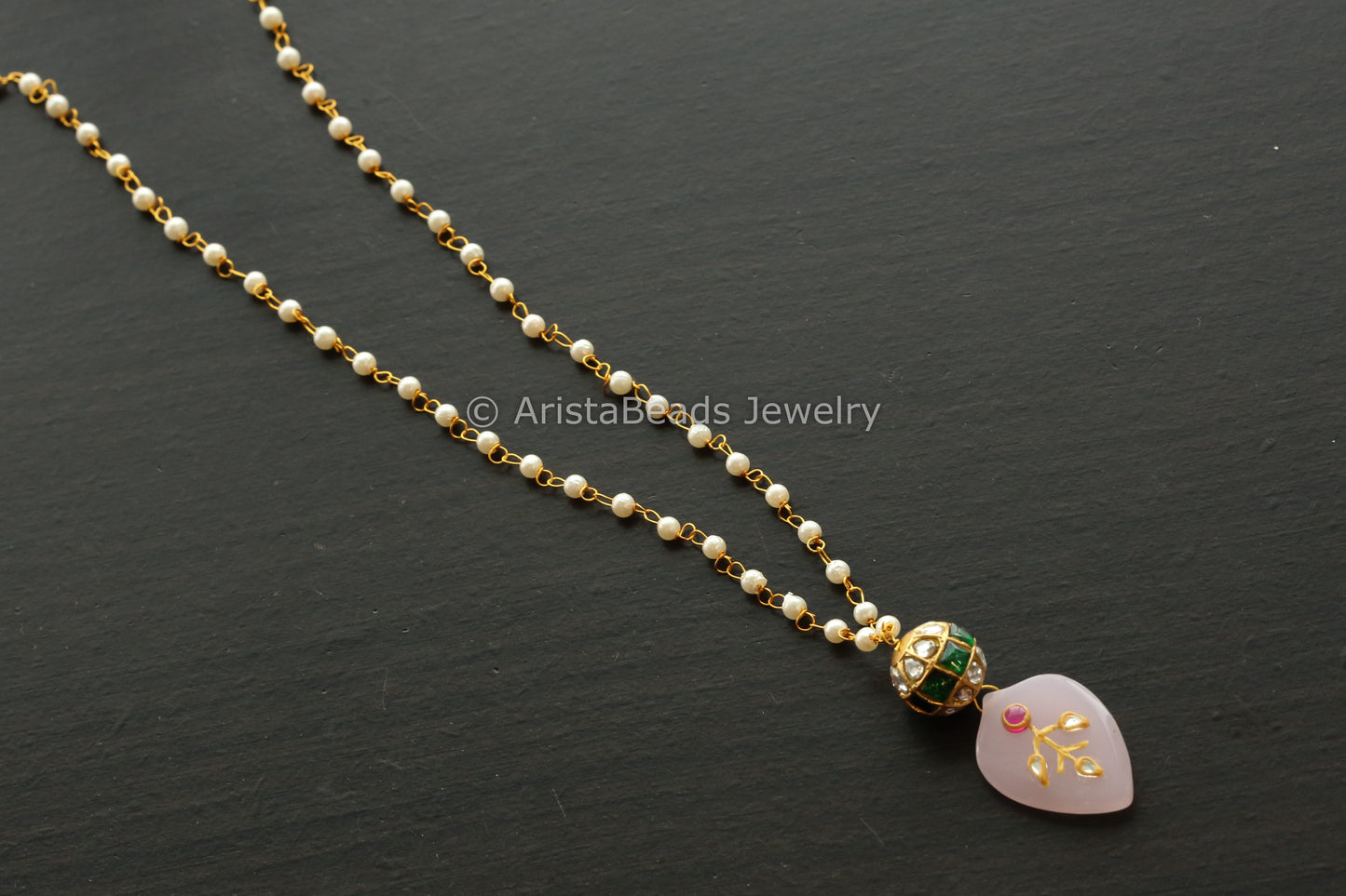 Jadau Ball Pearl Chain With Pink Jadau Stone Drop