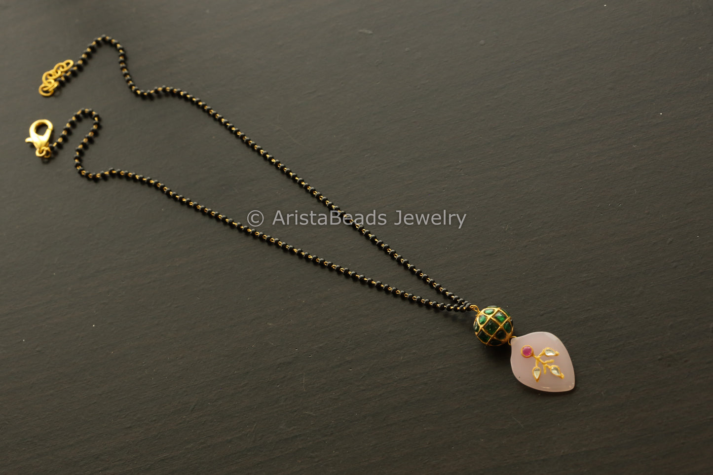 Jadau Ball Black Bead Chain With Pink Jadau Stone Drop