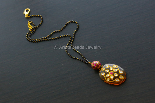 Jadau Ball Black Chain With Musturd Jadau Stone Drop