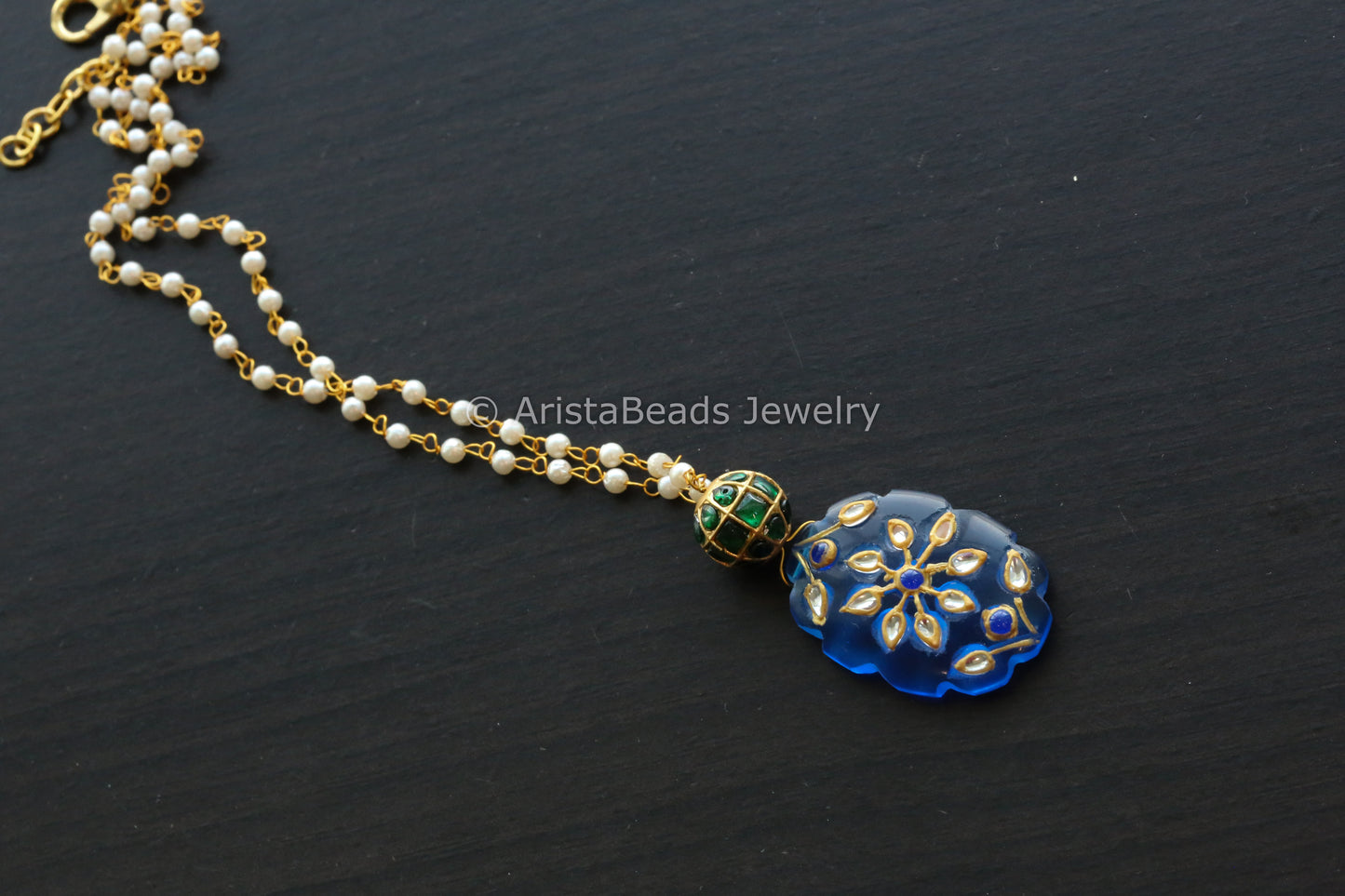Jadau Ball Pearl Chain With Blue Jadau Work Stone Drop