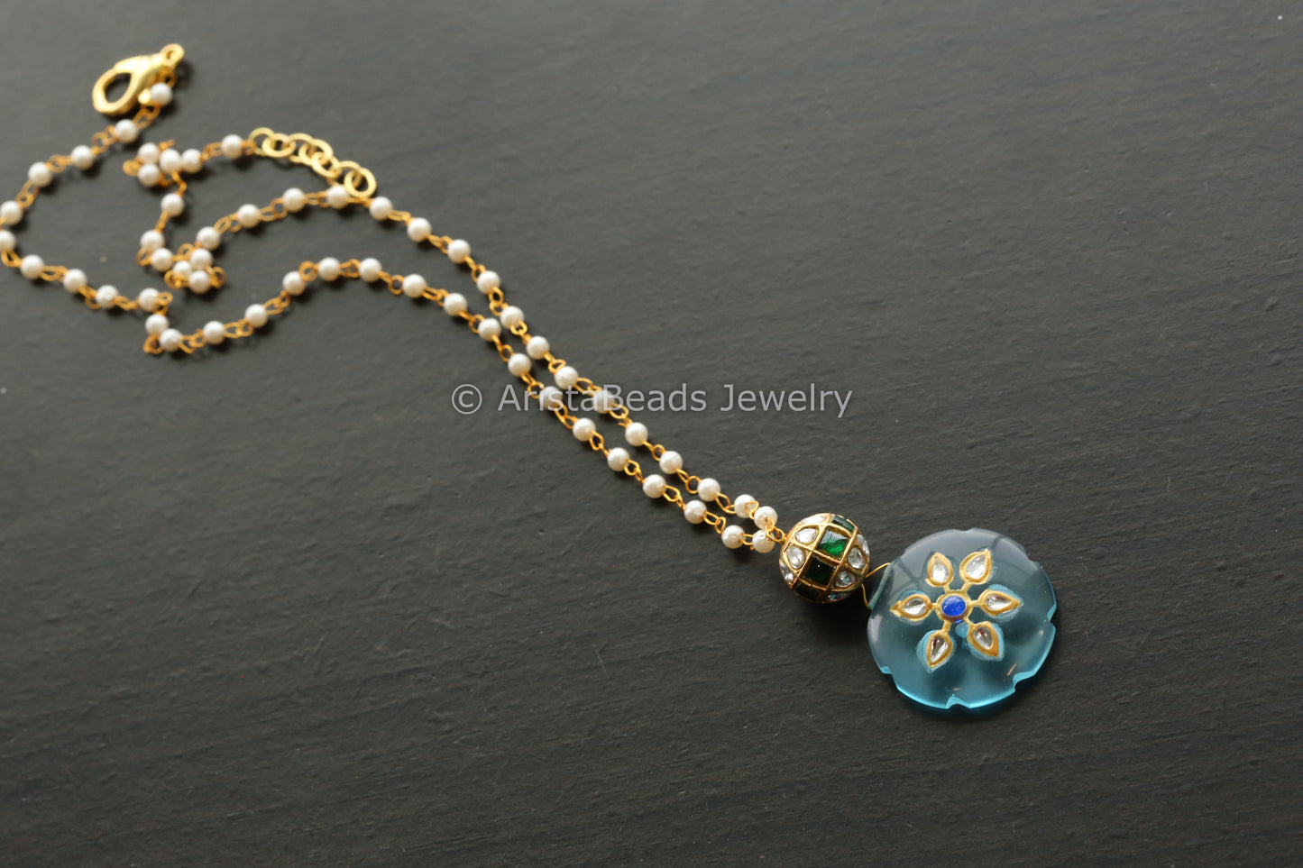 Jadau Ball Black Chain With Blue Jadau Stone Drop