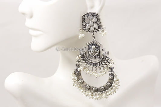 Long Silver Look Ganesha Earrings - Clear