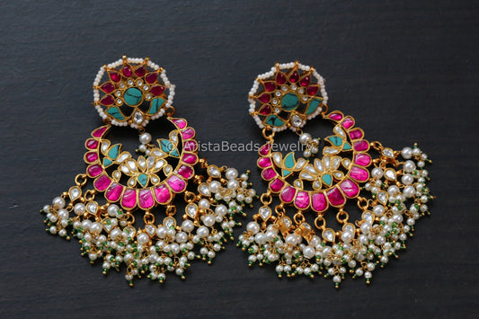 Large Jadau Ruby Turquoise Kundan Chandbaali