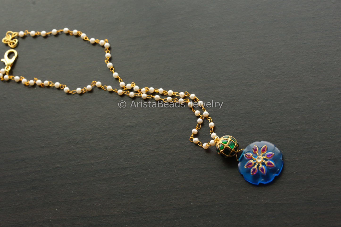 Jadau Ball Black Chain With Dark Blue Jadau Stone Drop