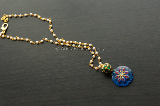 Jadau Ball Black Chain With Dark Blue Jadau Stone Drop
