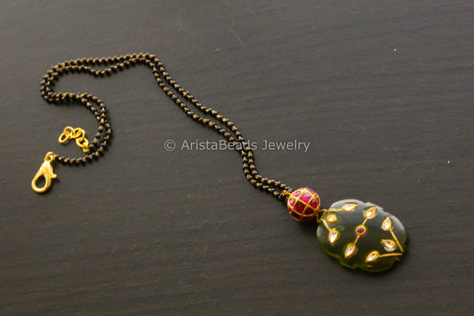 Jadau Ball Black Chain With Bottle Green Jadau Stone Drop