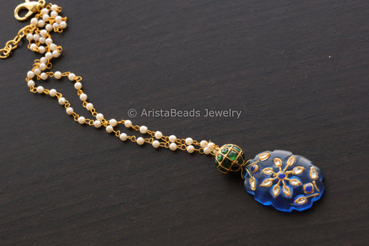 Jadau Ball Pearl Chain With Blue Jadau Work Stone Drop