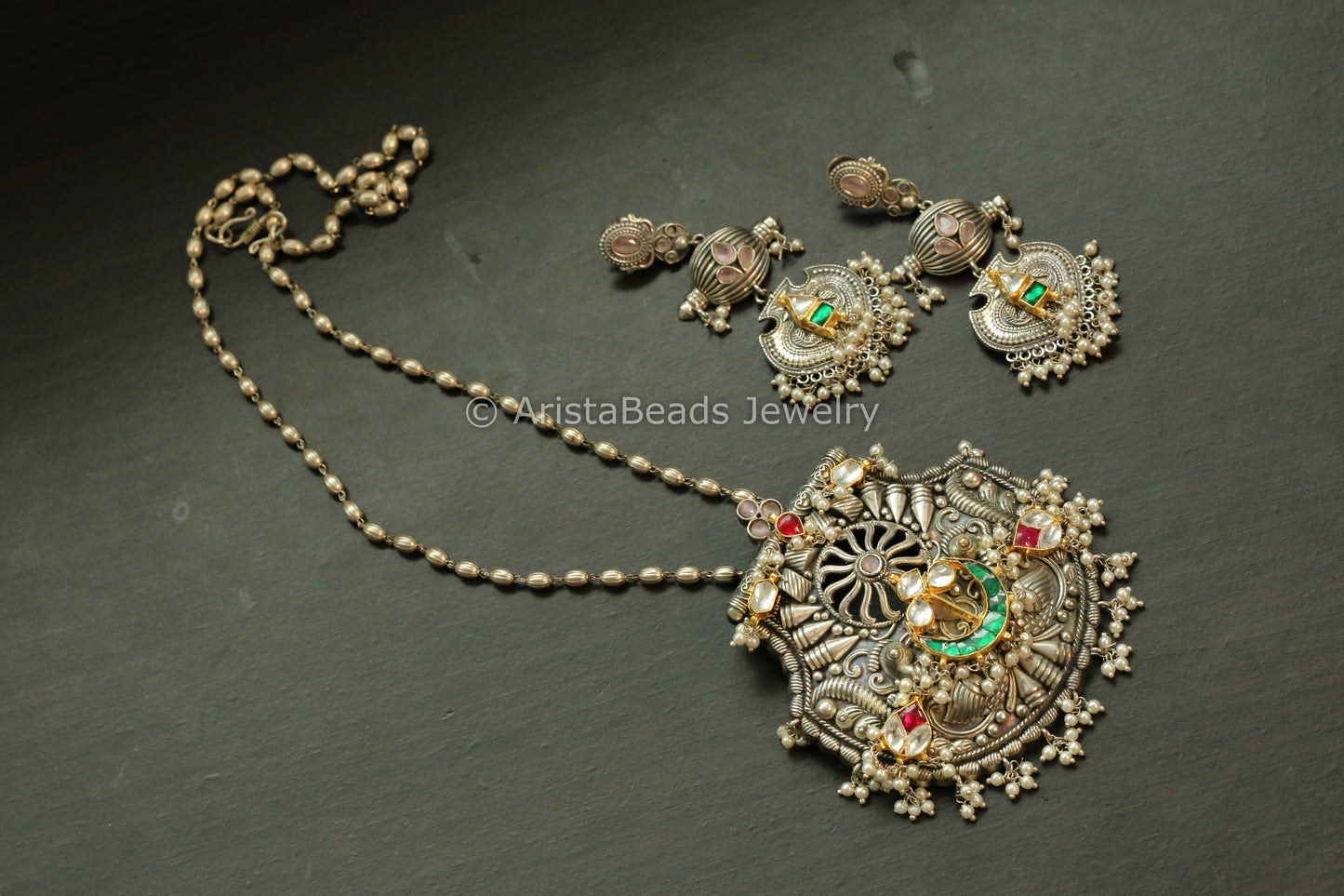 Brass Based Dual Tone Pachi Kundan Necklace Set - Green