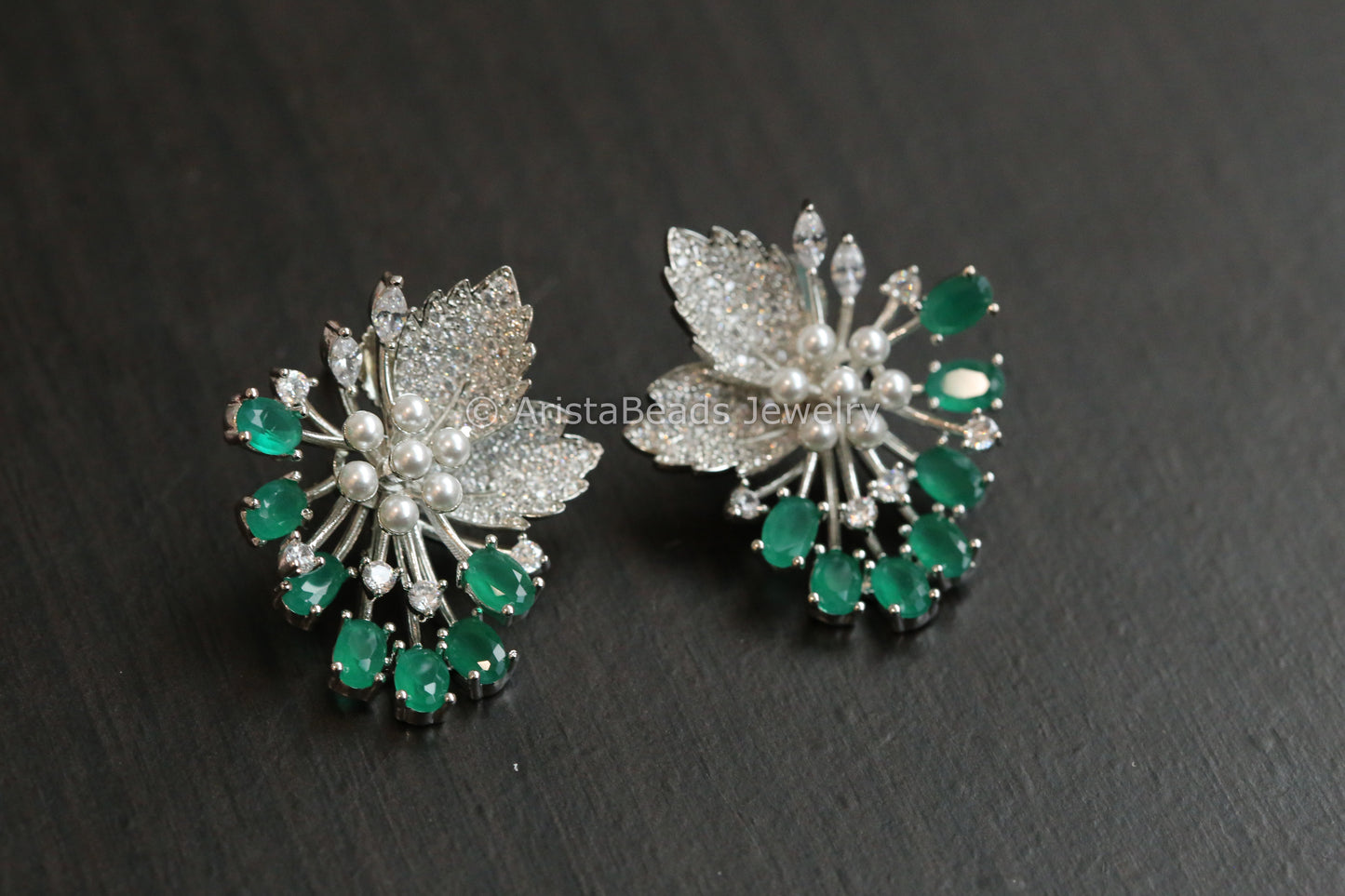 Contemporary CZ & Pearls Earrings - Emerald