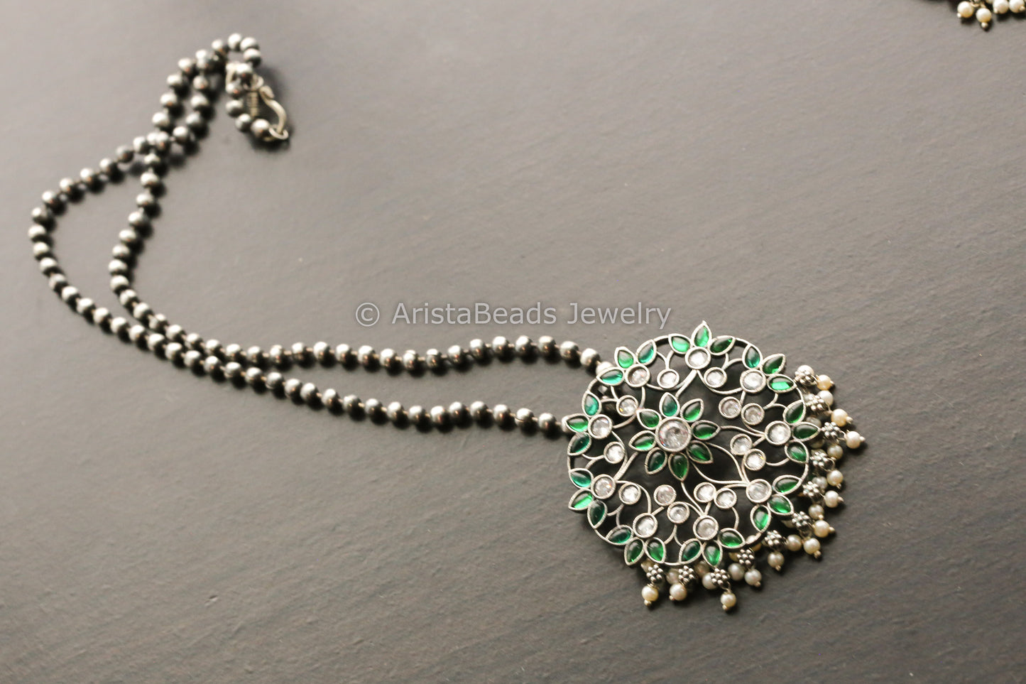 Silver Look Alike Kemp CZ Necklace - Emerald