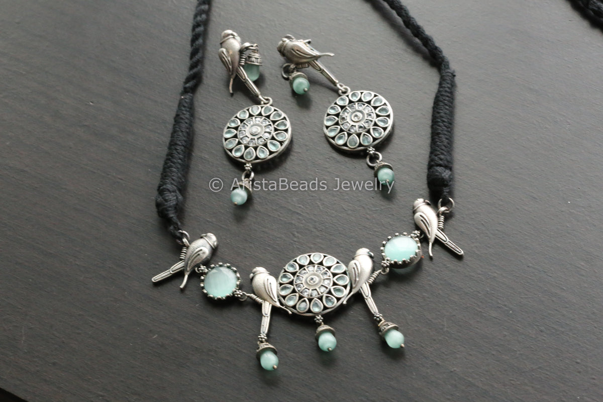 Oxidized Mint Parrot Necklace Set