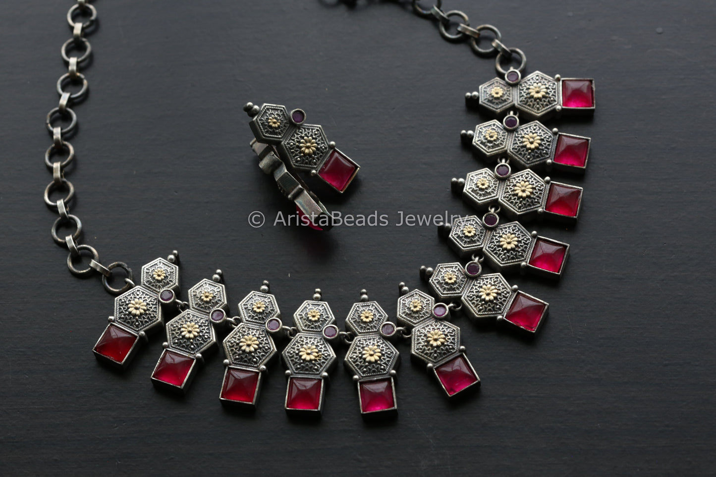 Dual Tone Ruby Quartz Necklace Set