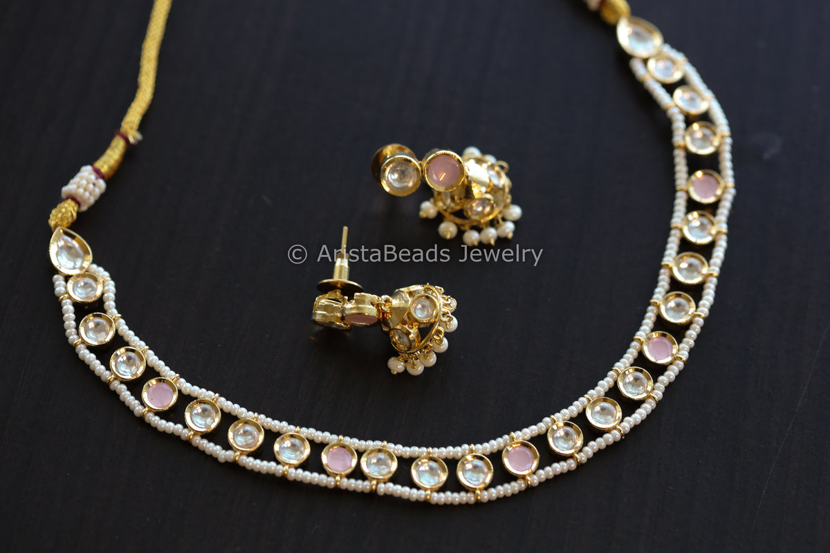 Premium Quality Foil Kundan Necklace Set - Pink