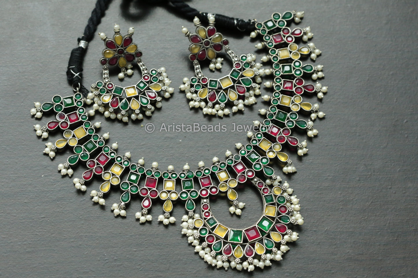 Yellow Green Red Oxidized Chandbaali Necklace Set