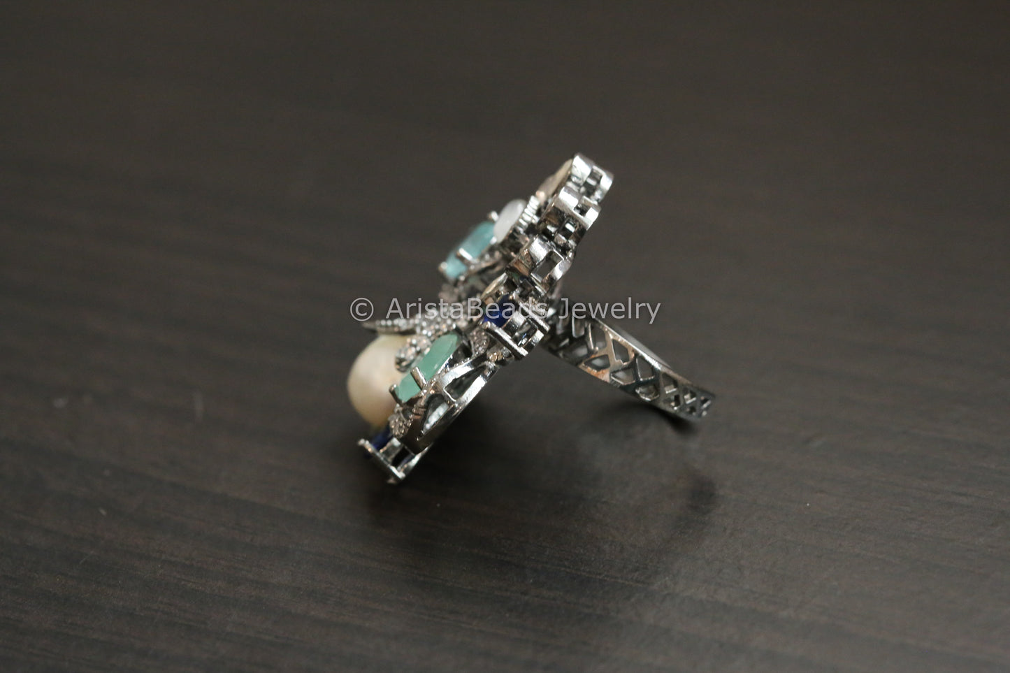 Baroque Pearl & Kundan Polki CZ Ring (Adjustable)
