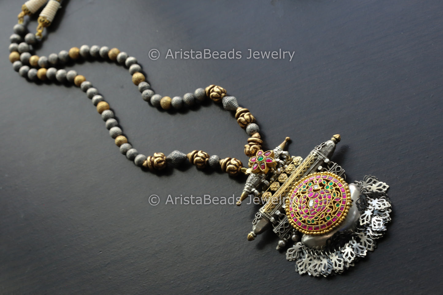 925 Silver Jadau Kundan Beaded Necklace
