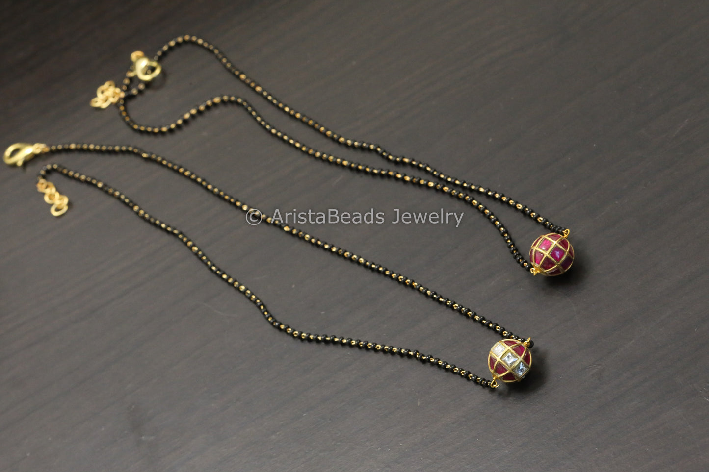 Jadau Black Bead Necklace - Ruby