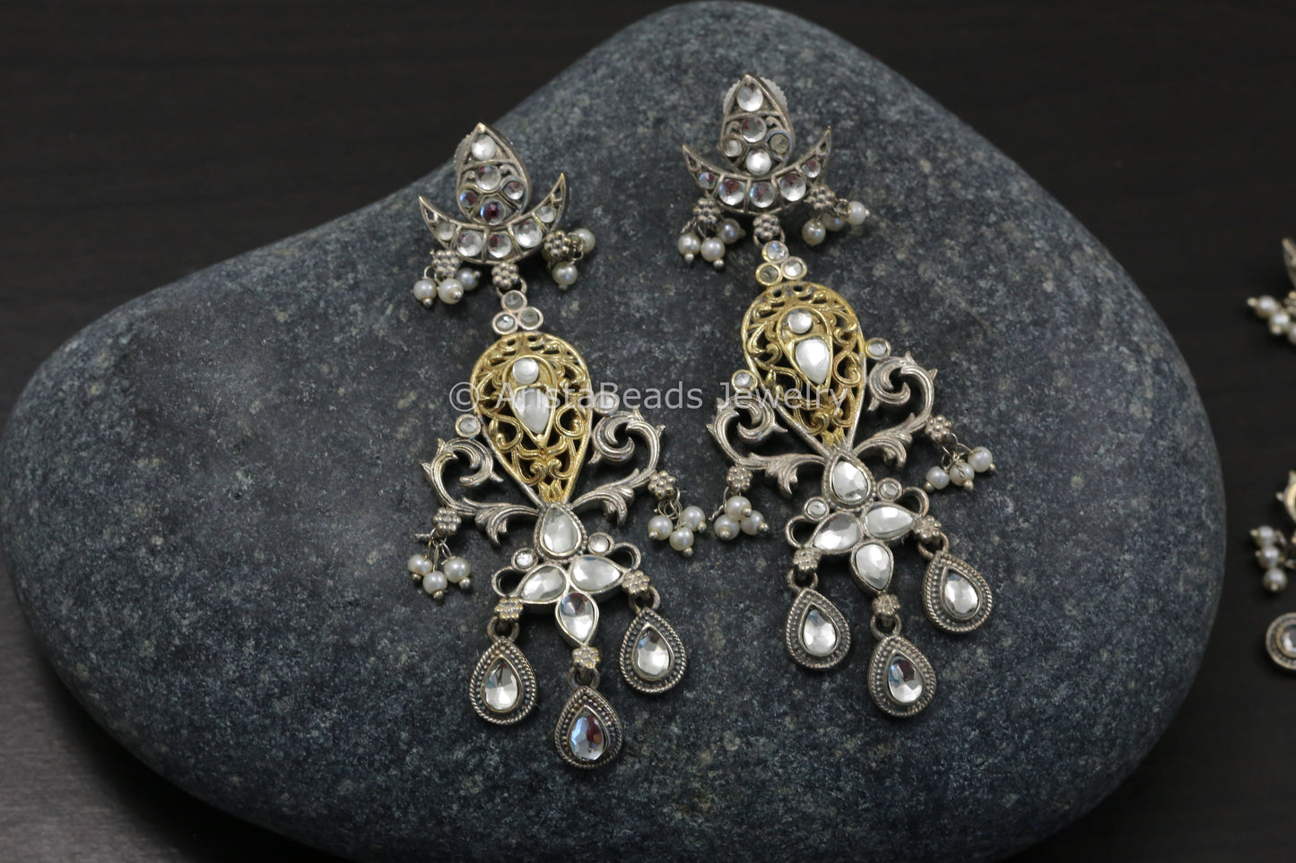 Dual Tone Clear Kundan Earrings