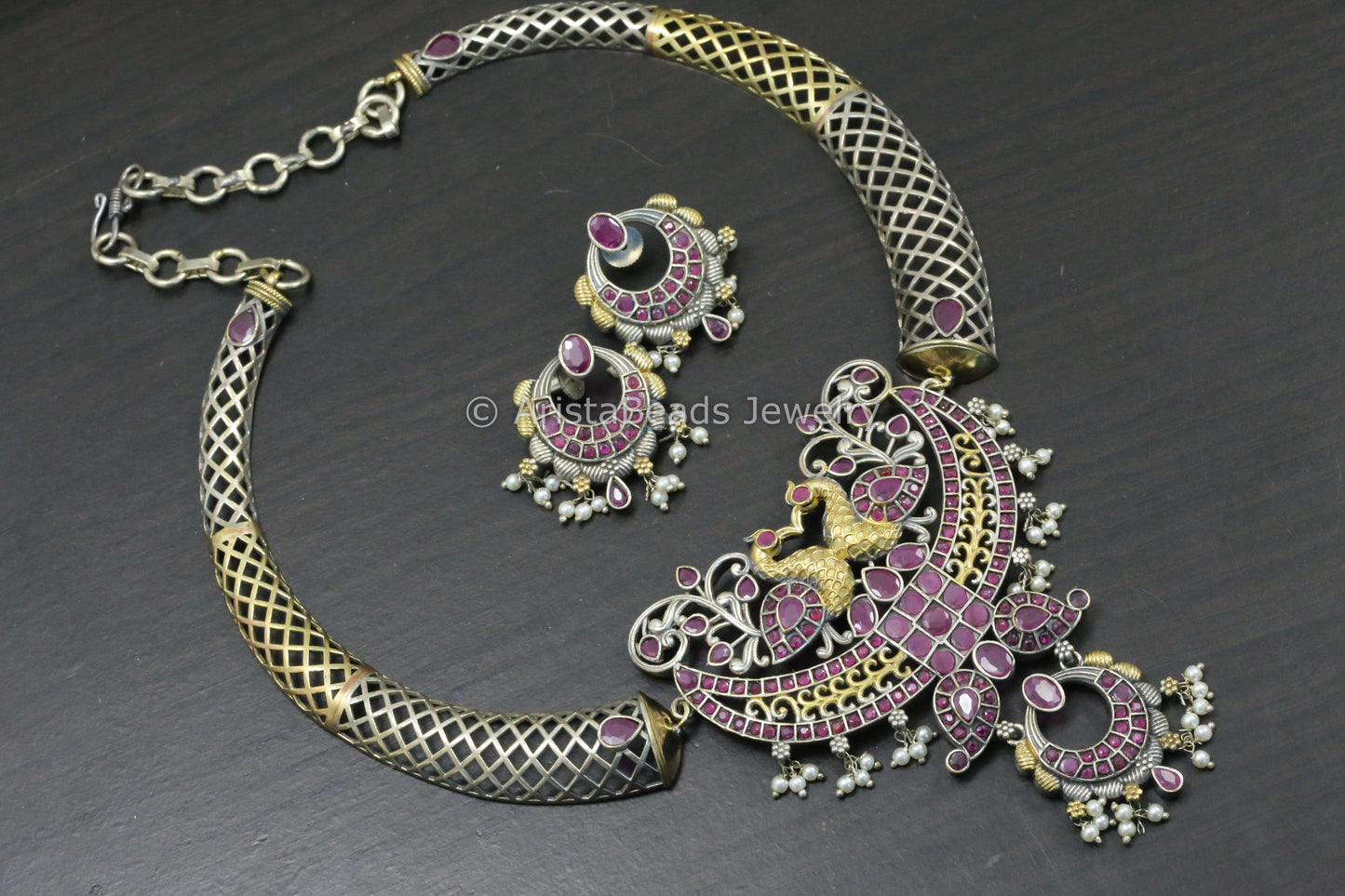 Dual Tone Hasli Necklace Set - Ruby