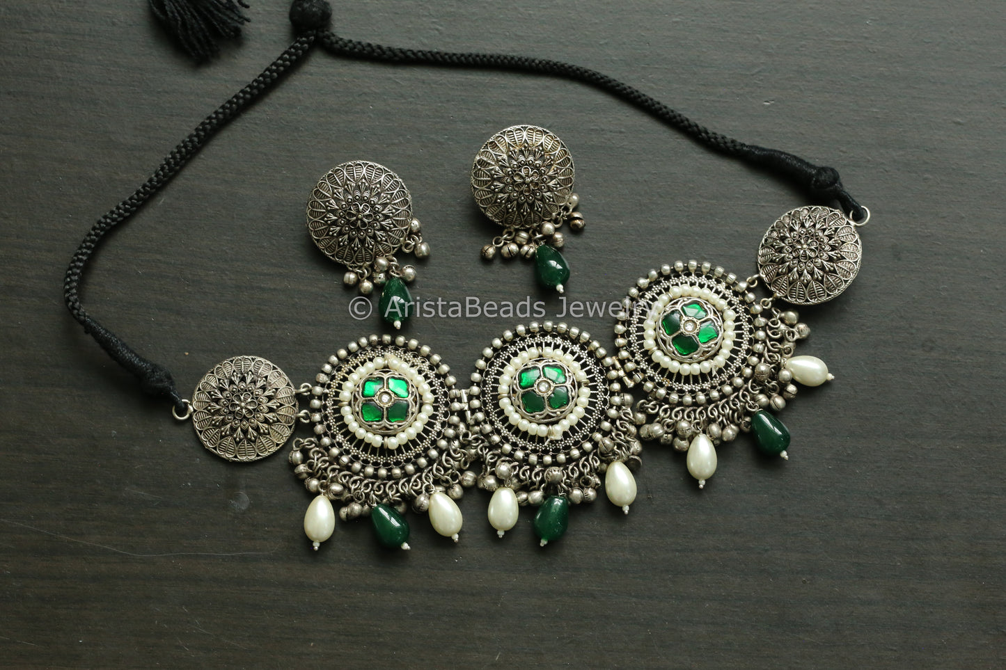 92.5 Silver Polish Green Kundan Choker Set