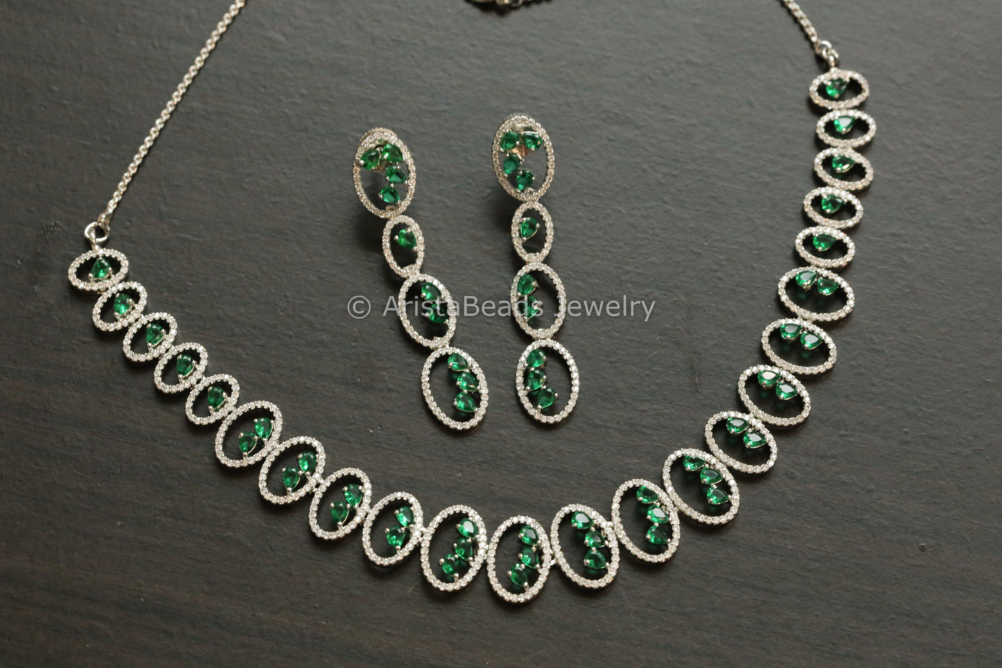 Dainty Fine CZ Work Necklace Set - Green