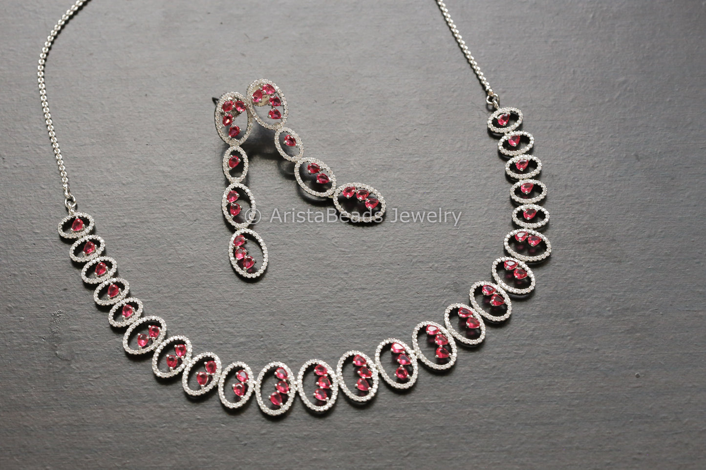 Dainty Fine CZ Work Necklace Set - Ruby