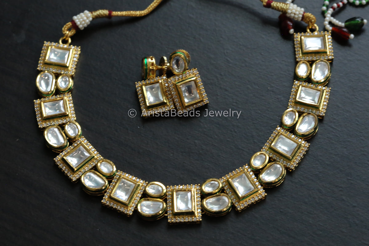 Premium Bikaneri Kundan & CZ Necklace Set - Clear