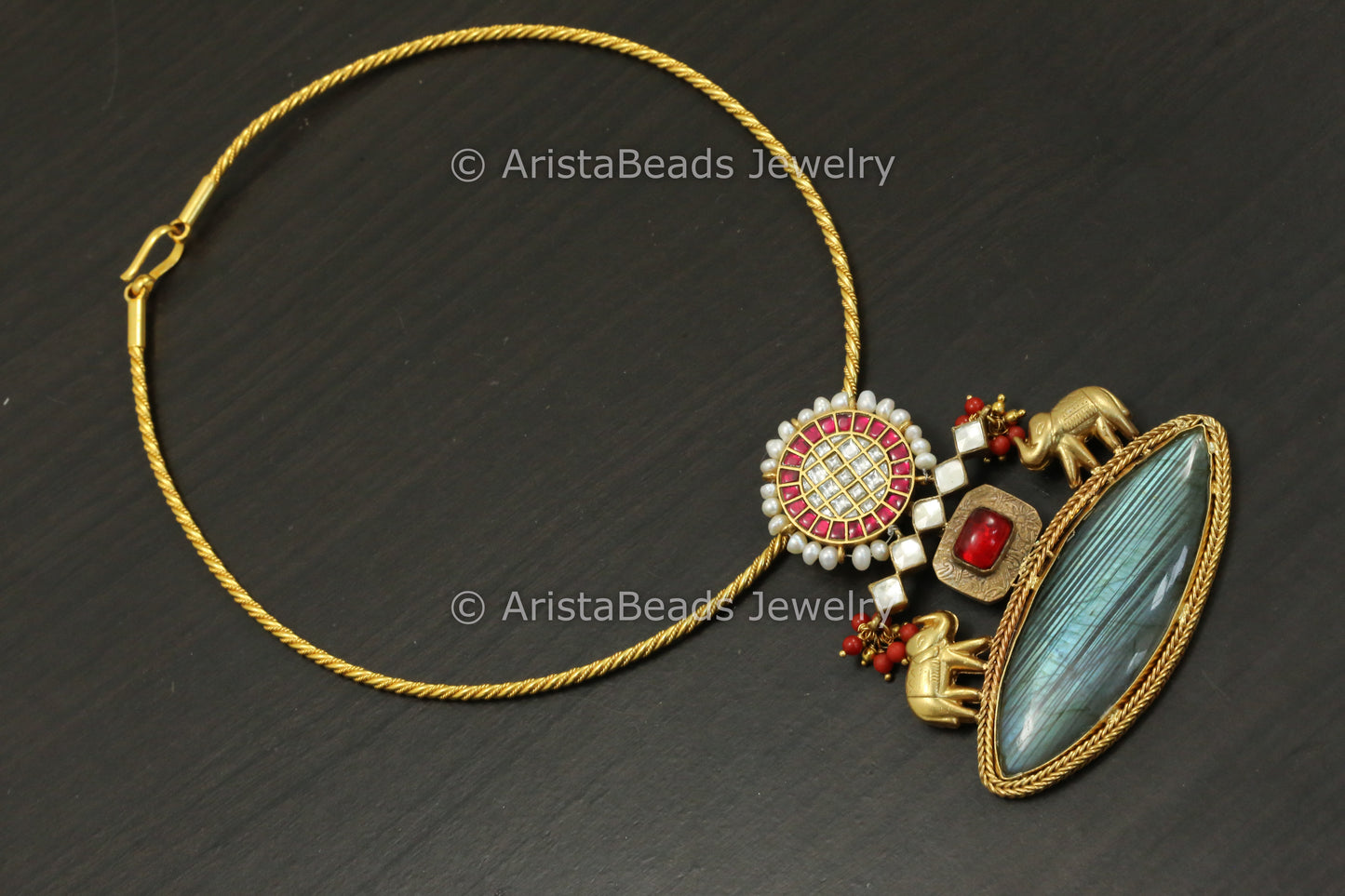 925 Sterling Silver Kundan Hasli Necklace - Labradorite