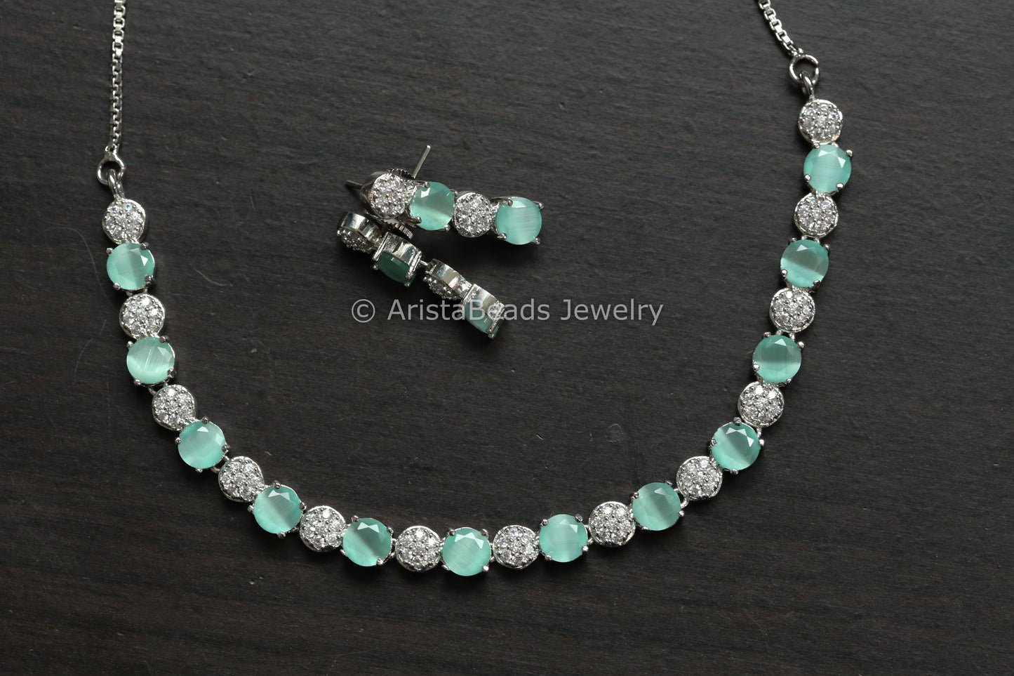 Dainty CZ & Monalisa Stones Necklace Set - Mint