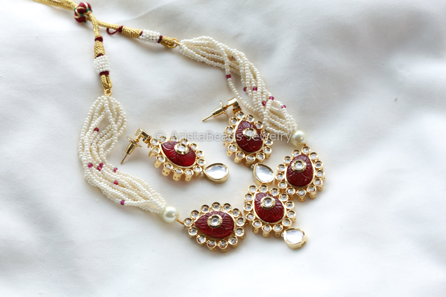 Dainty Uncut Foil Kundan Necklace/ Choker Set - Red
