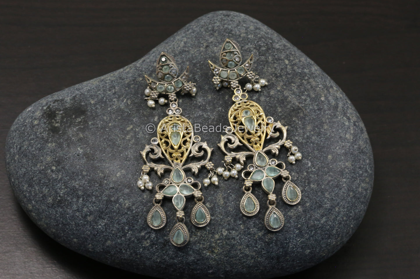 Dual Tone Mint Kundan Earrings