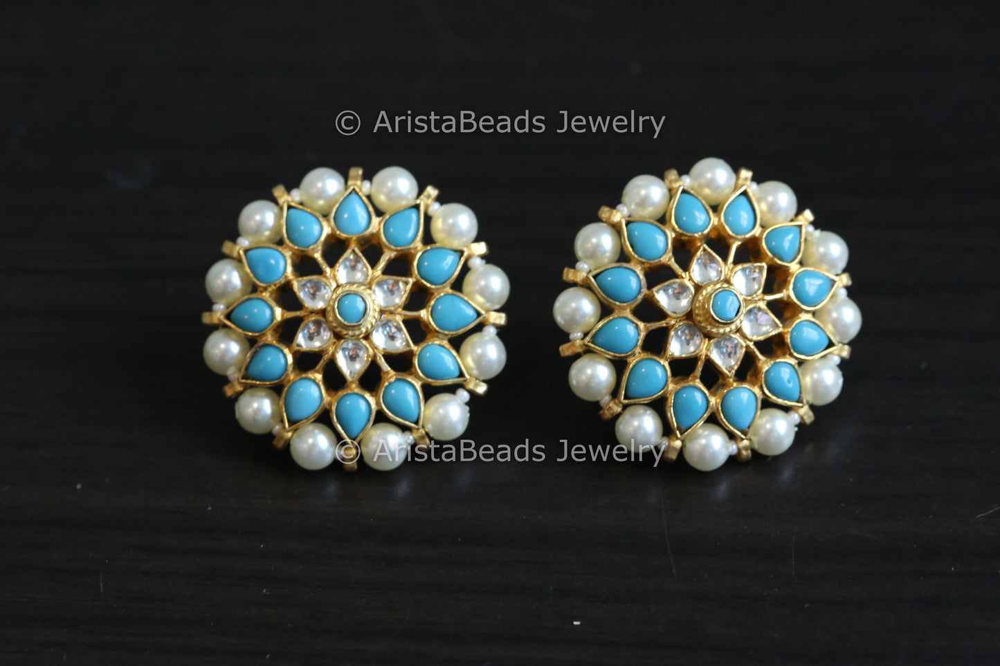 Extra Large Pachi Kundan Studs - Turquoise Pearl