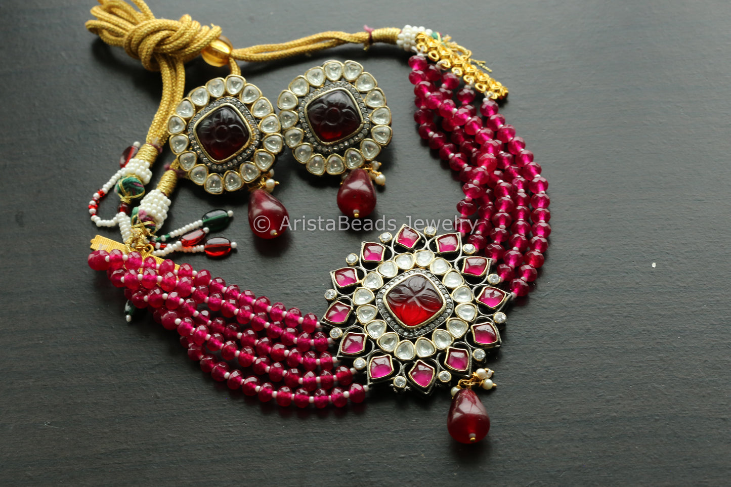 Kundan Polki & Carved Stone Necklace Set - Ruby
