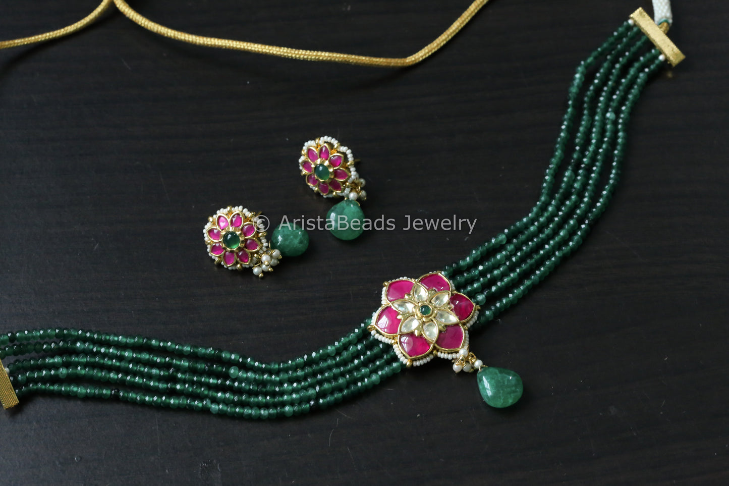 Dainty Pachi Kundan Choker Set - Ruby Green