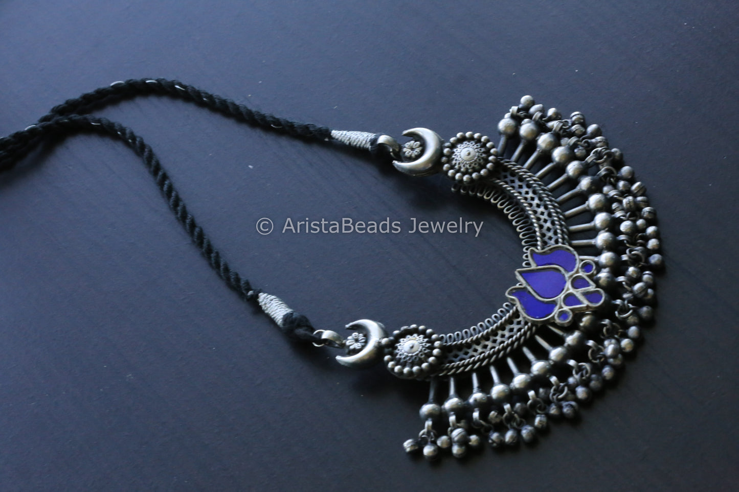 Large Pendant In Black Dori - Blue Glass Motif