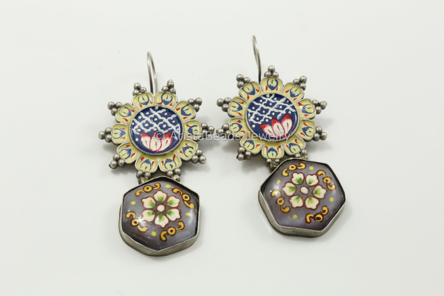 Enamel & Tanjore Work Earrings - Gray