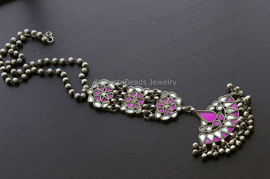 Long Real Glass Pendant Necklace - Magenta Clear