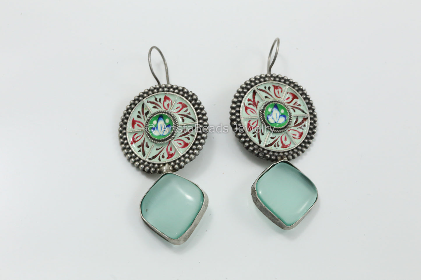 Handmade Meenakari Hook Earring - Mint