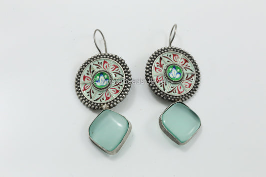 Handmade Meenakari Hook Earring - Mint